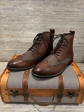 Men's Brown Leather Wingtip Chukka Boots with Herringbone Panels